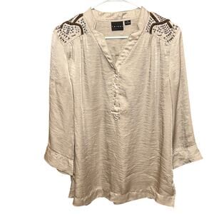 Tribal Satin Blouse Beaded Shoulder Champagne Gold 3/4 Sleeve Size 12